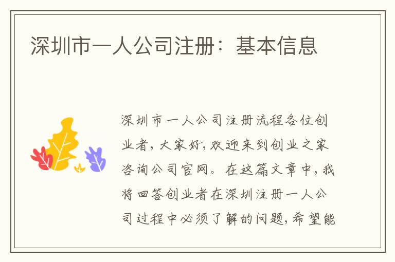 深圳市一人公司注冊：基本信息