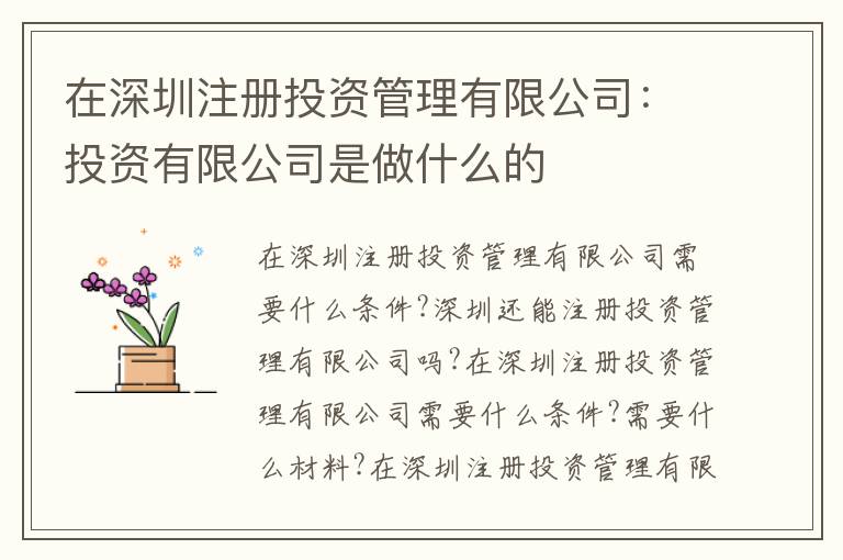 在深圳注冊(cè)投資管理有限公司：投資有限公司是做什么的