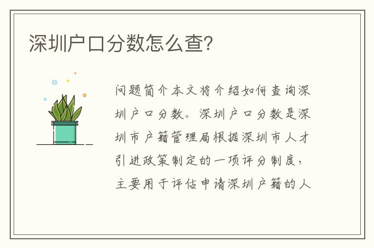 深圳戶口分?jǐn)?shù)怎么查？
