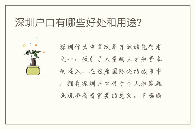 深圳戶口有哪些好處和用途？