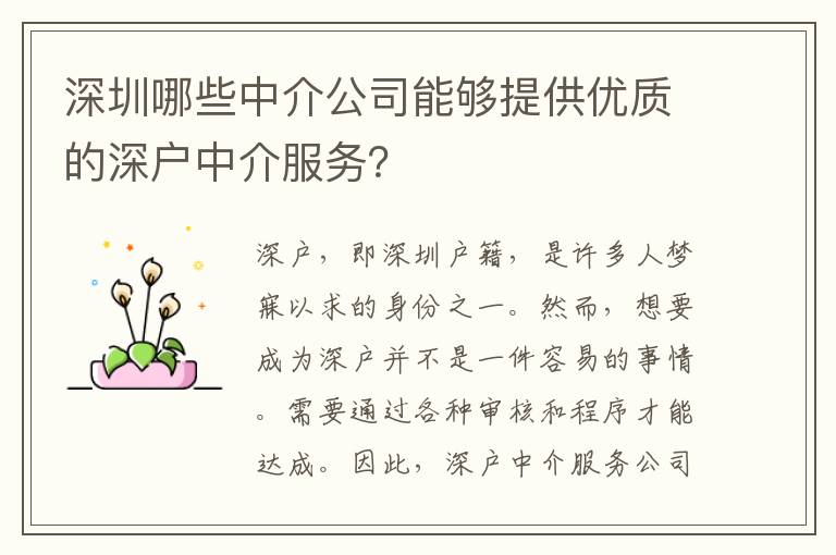 深圳哪些中介公司能夠提供優(yōu)質(zhì)的深戶中介服務(wù)？
