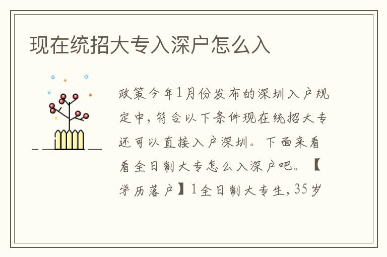 現(xiàn)在統(tǒng)招大專入深戶怎么入