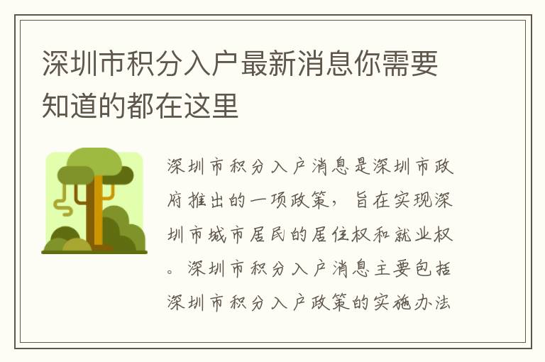 深圳市積分入戶最新消息你需要知道的都在這里