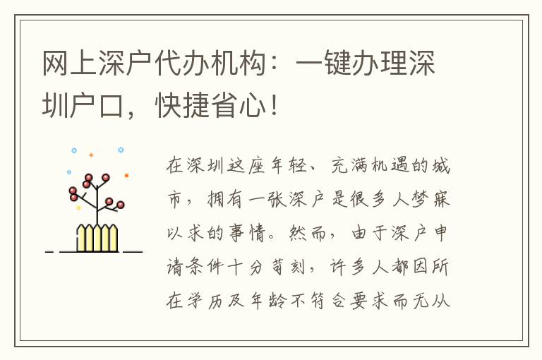 網(wǎng)上深戶代辦機(jī)構(gòu)：一鍵辦理深圳戶口，快捷省心！