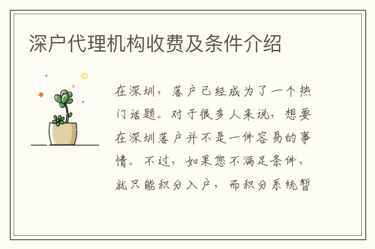 深戶代理機構收費及條件介紹