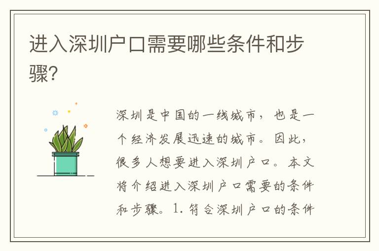 進入深圳戶口需要哪些條件和步驟？