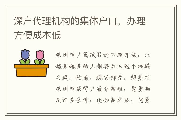 深戶代理機(jī)構(gòu)的集體戶口，辦理方便成本低