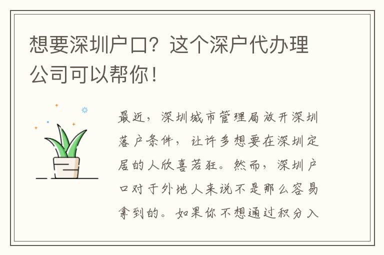 想要深圳戶口？這個(gè)深戶代辦理公司可以幫你！