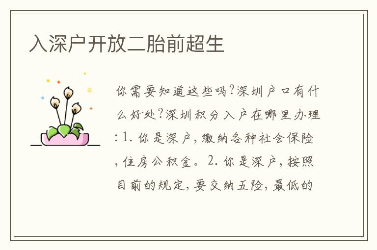 入深戶開放二胎前超生