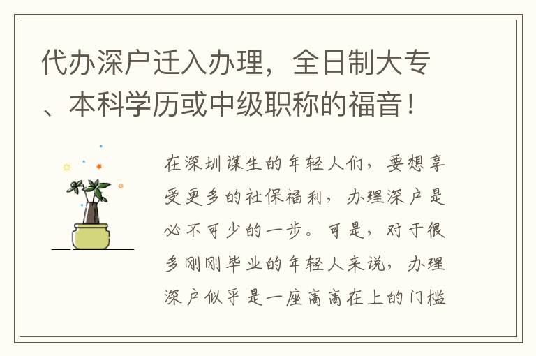 代辦深戶遷入辦理，全日制大專、本科學(xué)歷或中級職稱的福音！