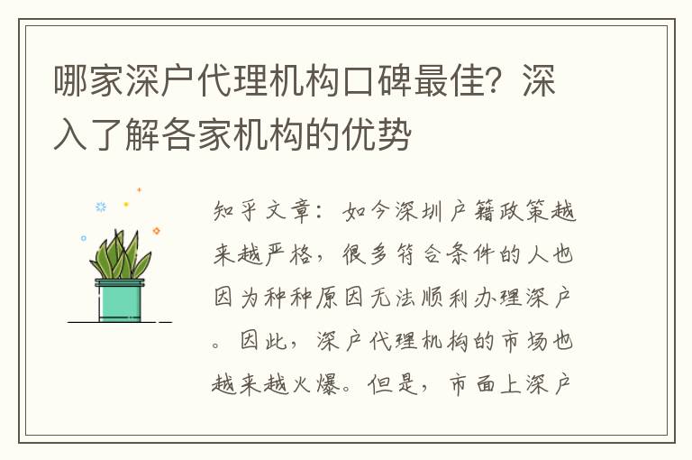 哪家深戶代理機(jī)構(gòu)口碑最佳？深入了解各家機(jī)構(gòu)的優(yōu)勢