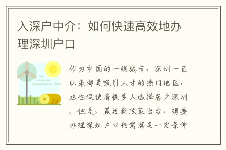 入深戶中介：如何快速高效地辦理深圳戶口