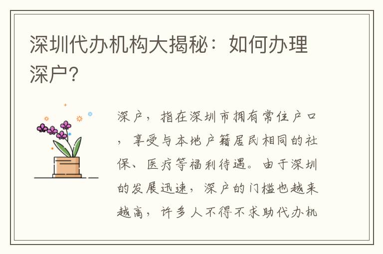 深圳代辦機(jī)構(gòu)大揭秘：如何辦理深戶(hù)？