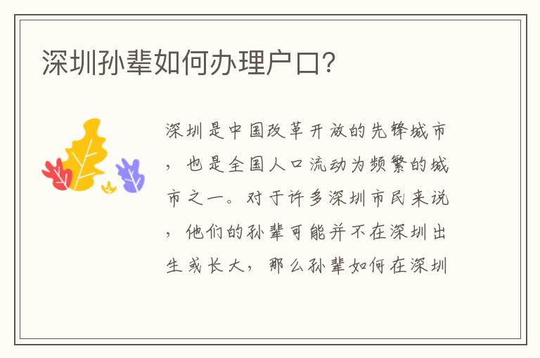 深圳孫輩如何辦理戶口？