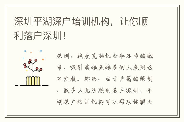 深圳平湖深戶培訓(xùn)機(jī)構(gòu)，讓你順利落戶深圳！