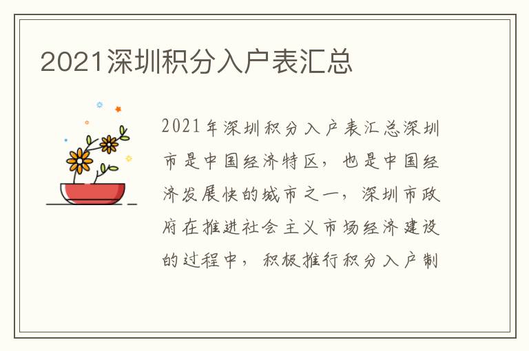 2021深圳積分入戶表匯總