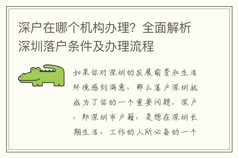 深戶在哪個(gè)機(jī)構(gòu)辦理？全面解析深圳落戶條件及辦理流程