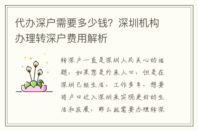 代辦深戶需要多少錢？深圳機(jī)構(gòu)辦理轉(zhuǎn)深戶費(fèi)用解析