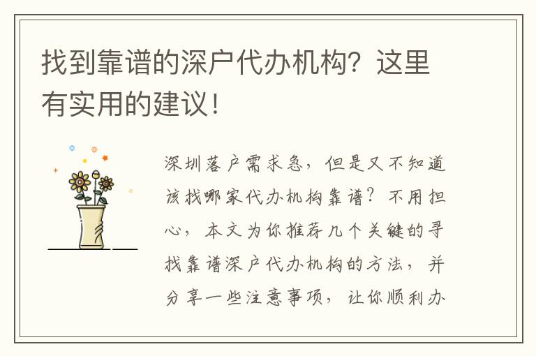 找到靠譜的深戶代辦機(jī)構(gòu)？這里有實(shí)用的建議！