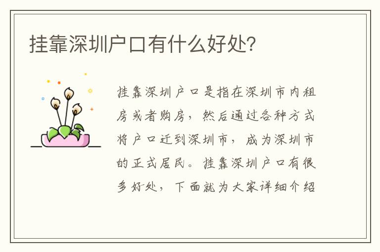掛靠深圳戶口有什么好處？