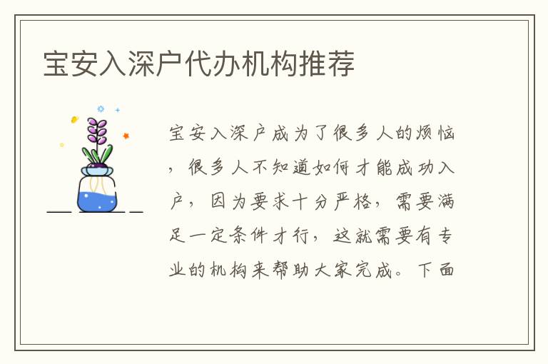 寶安入深戶代辦機構(gòu)推薦