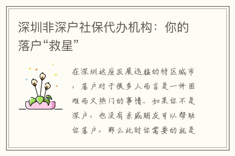 深圳非深戶社保代辦機(jī)構(gòu)：你的落戶“救星”