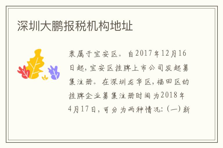 深圳大鵬報(bào)稅機(jī)構(gòu)地址